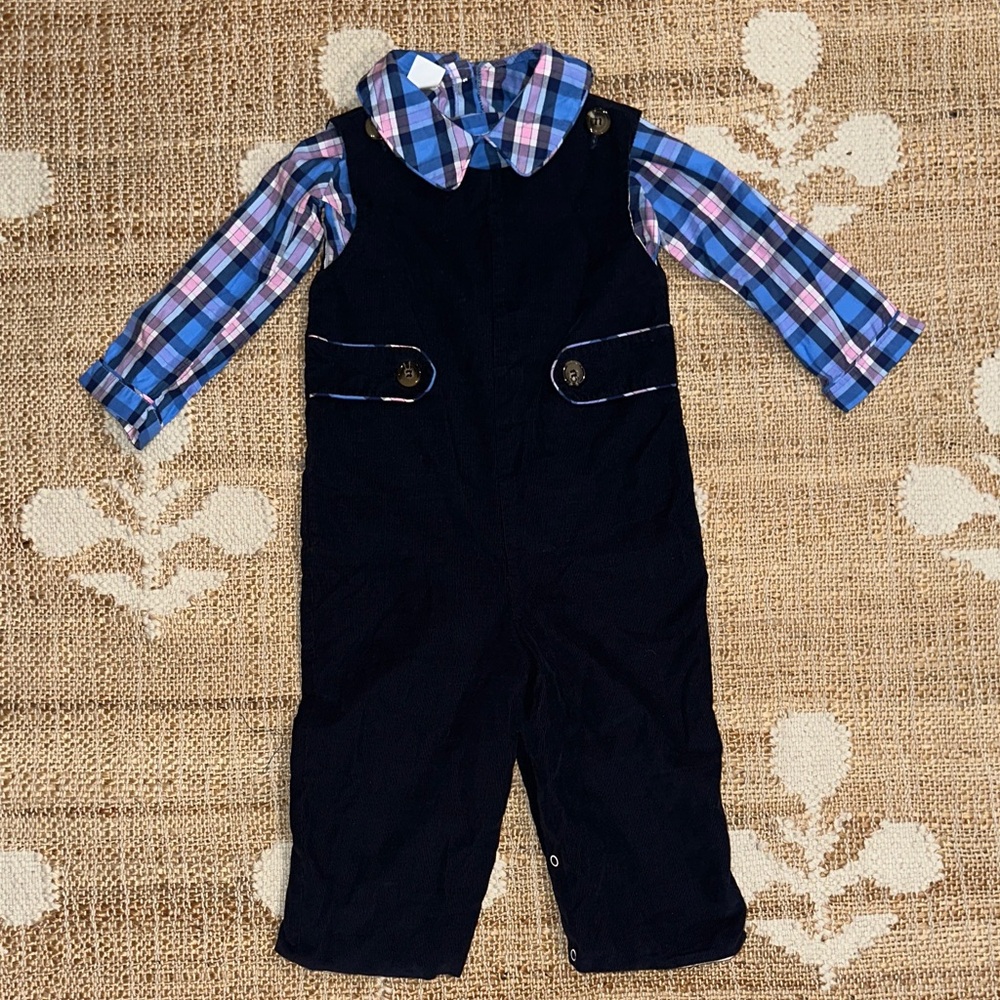 Smockingbird Corduroy Longall & Coordinating Plaid Peter Pan Collared Shirt 2T